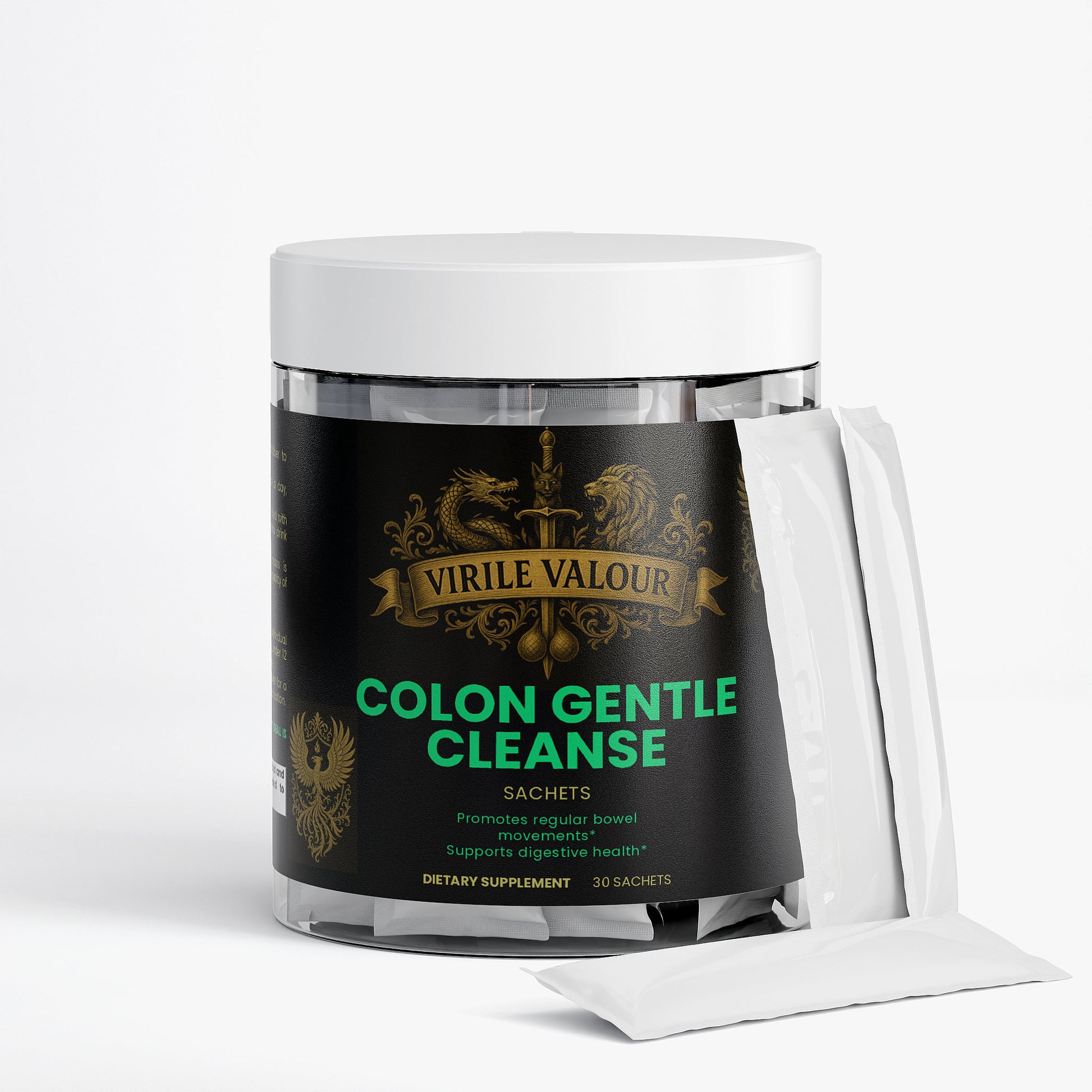Jar of Virile Valour Colon Gentle Cleanse with a white lid on a white background with packets on the side