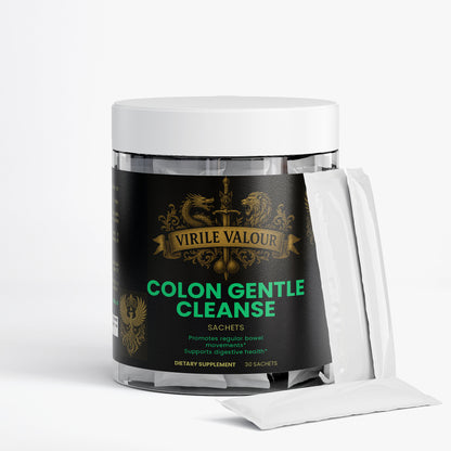 Jar of Virile Valour Colon Gentle Cleanse with a white lid on a white background with packets on the side