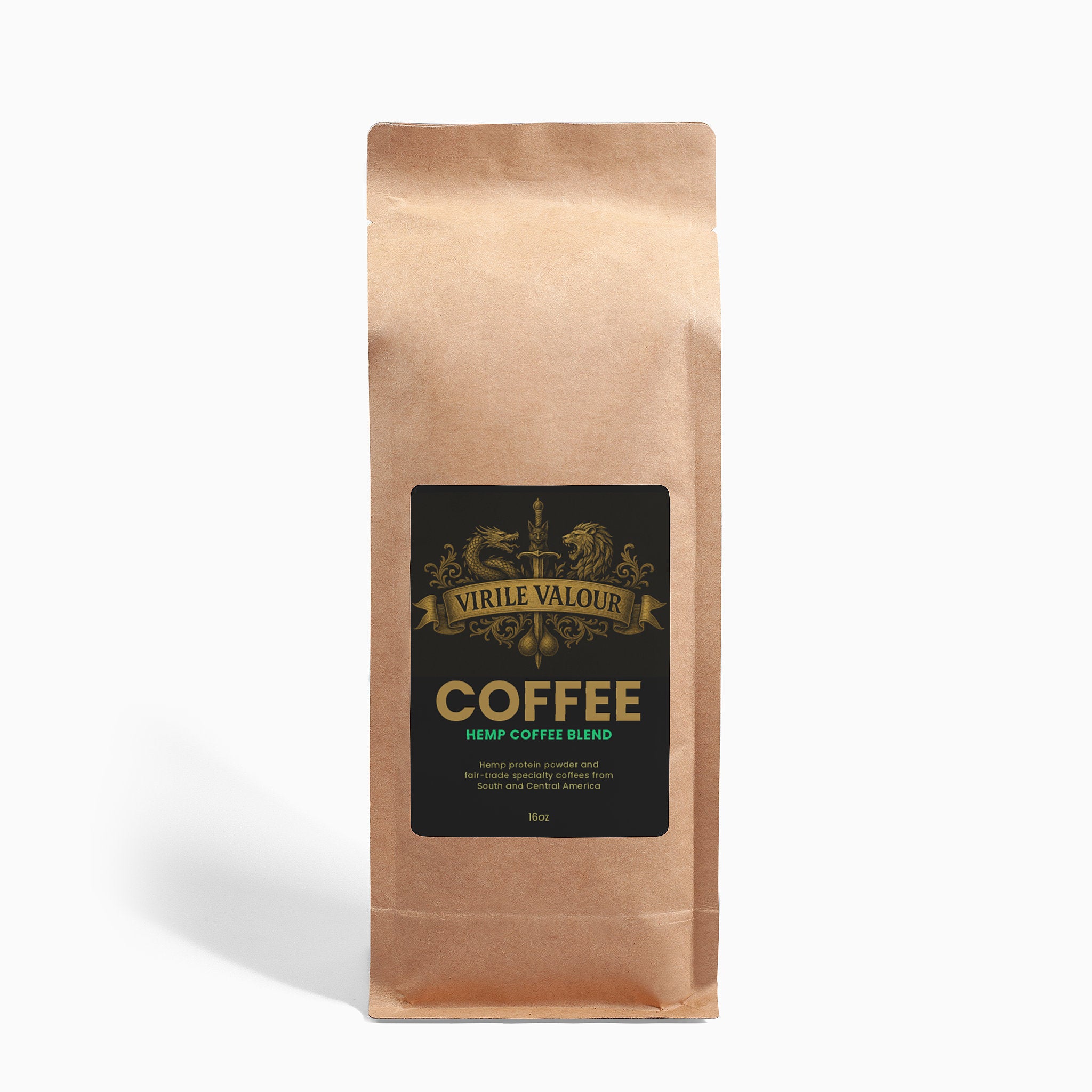 Kraft paper coffee bag with a black label on a white background