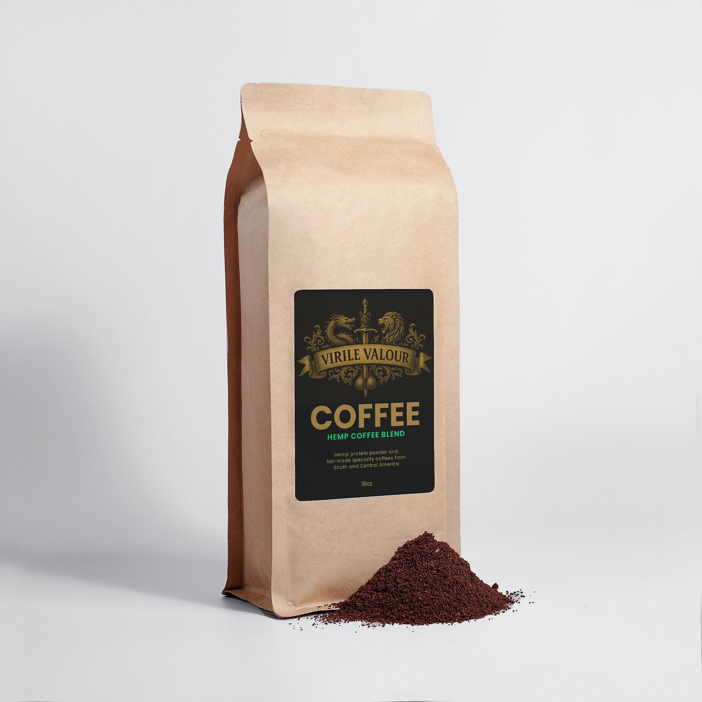 Kraft paper coffee bag with a label on a white background side view