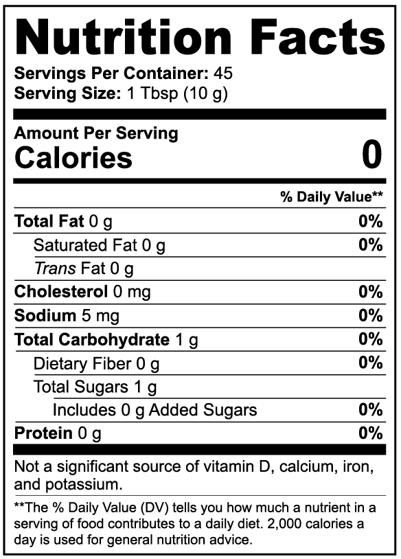 Manuka honey coffee Nutrition facts label with serving size, calories, and nutritional content details.