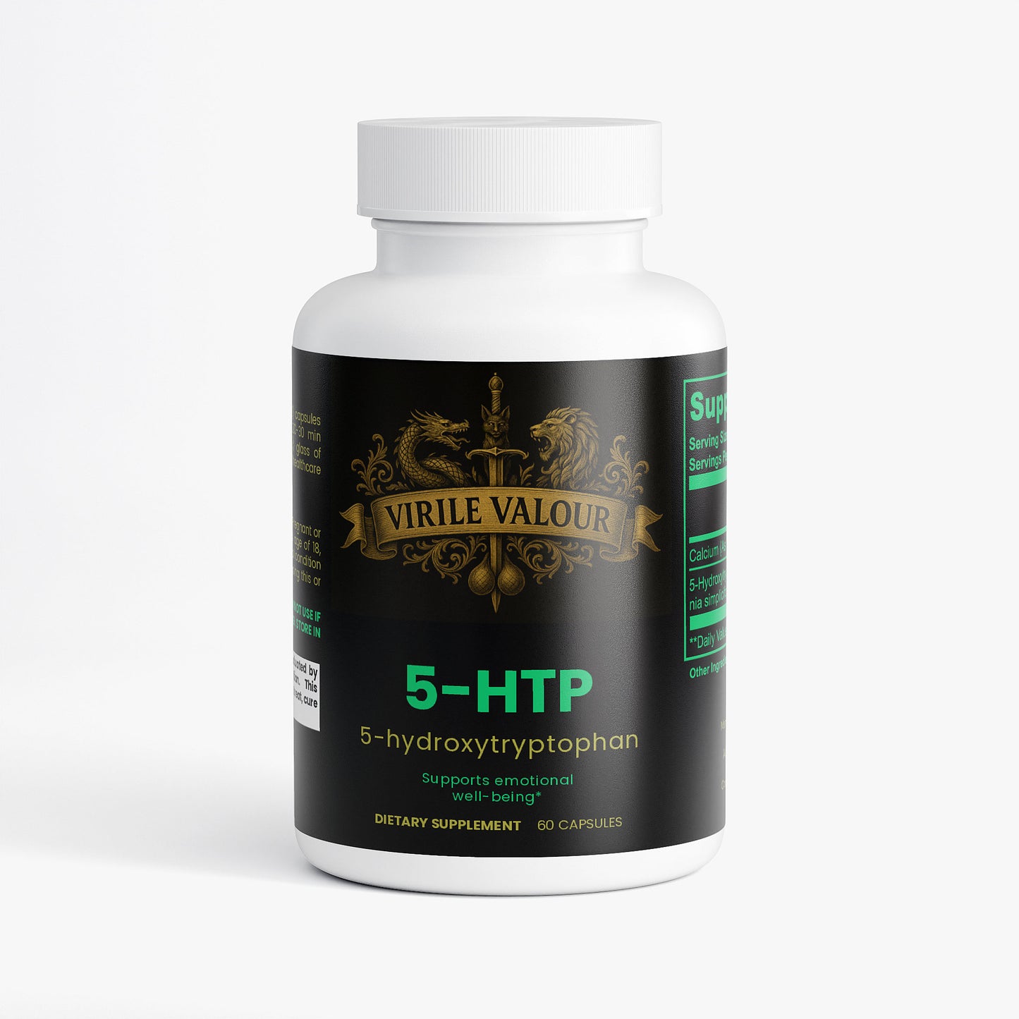 Supplement bottle labeled 'Virile Valour 5-HTP' on a white background