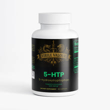 Supplement bottle labeled 'Virile Valour 5-HTP' on a white background