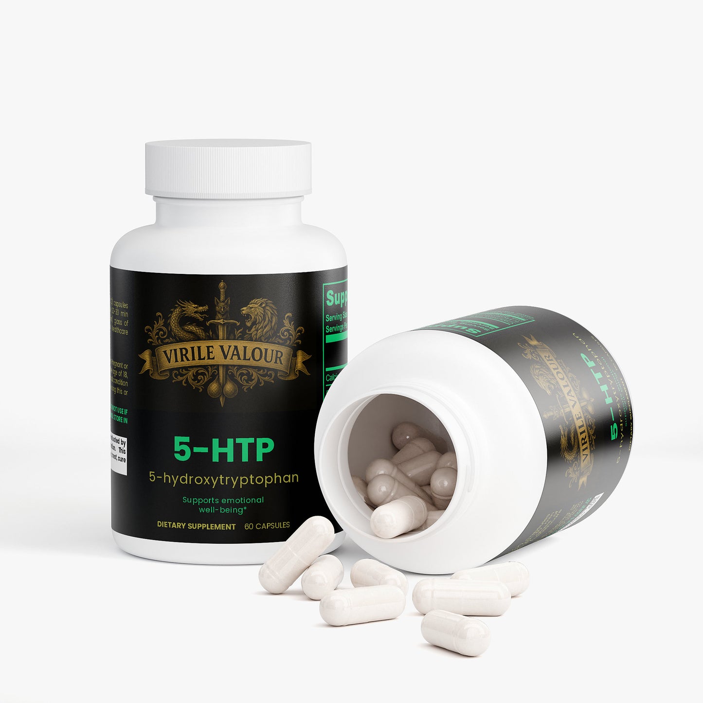 Supplement bottle labeled 'Virile Valour 5-HTP' with open cap showing white capsules on a white background