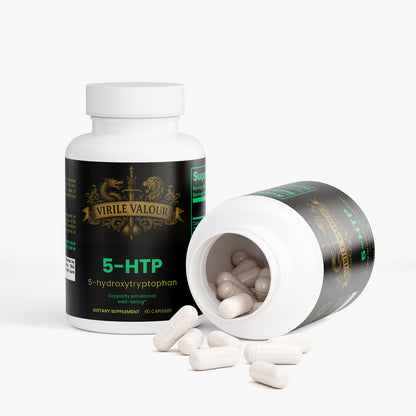 Supplement bottle labeled 'Virile Valour 5-HTP' with open cap showing white capsules on a white background