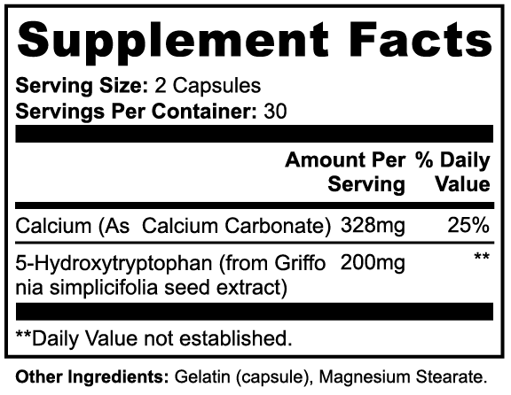Virile Valour 5-HTP For Men supplement facts label with detailed nutritional information on a white background