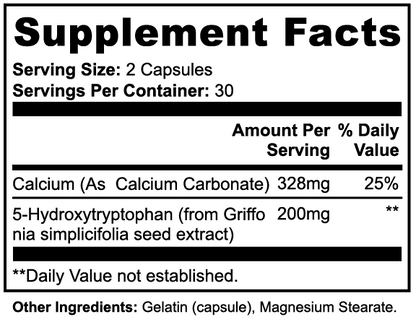 Virile Valour 5-HTP For Men supplement facts label with detailed nutritional information on a white background