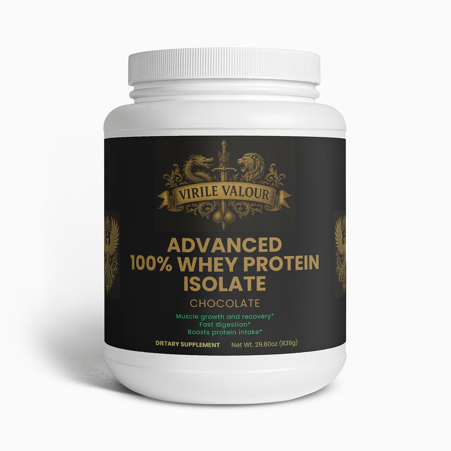 White container of Virile Valour Advanced 100% Whey Protein Isolate on a white background
