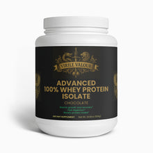 White container of Virile Valour Advanced 100% Whey Protein Isolate on a white background