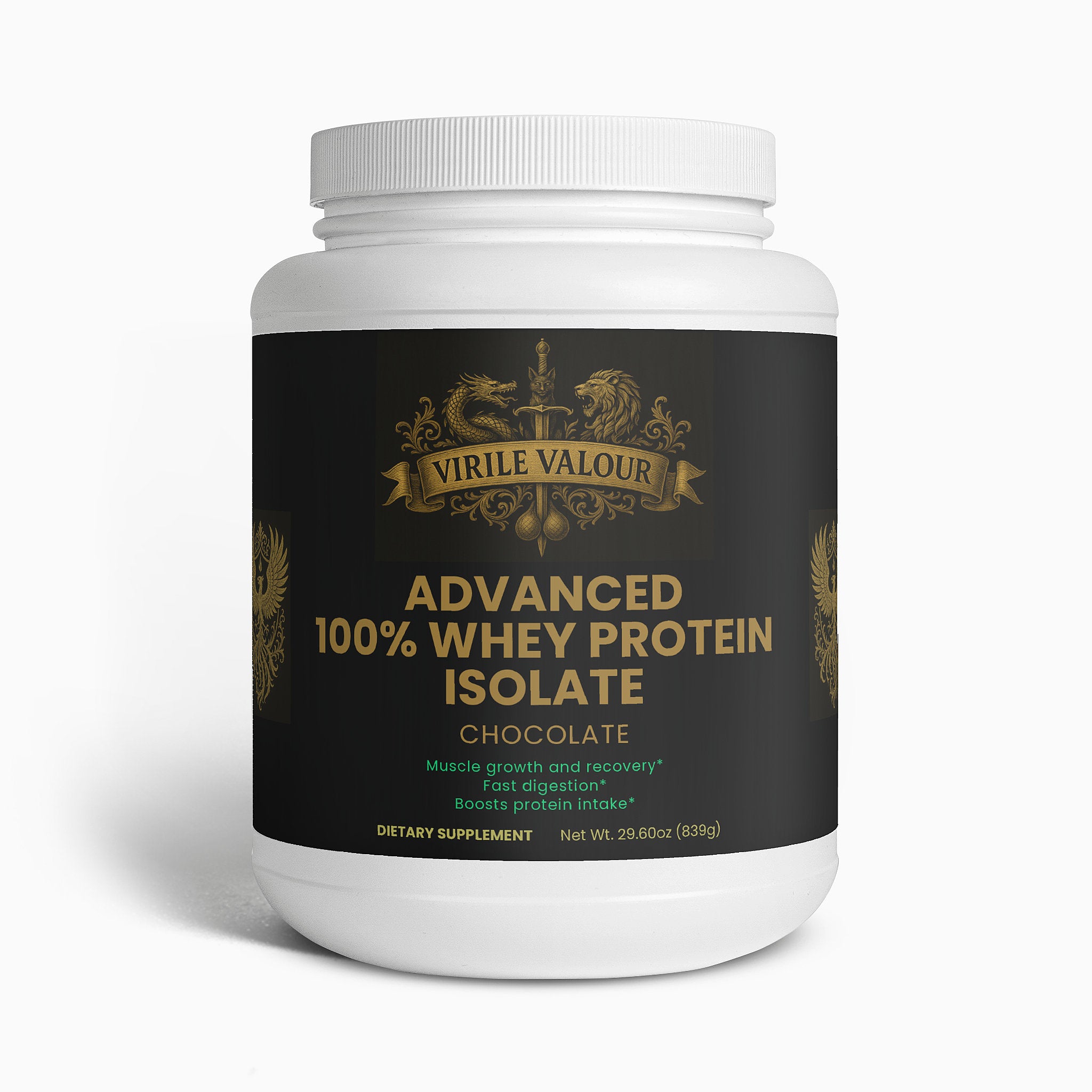 White container of Virile Valour Advanced 100% Whey Protein Isolate on a white background