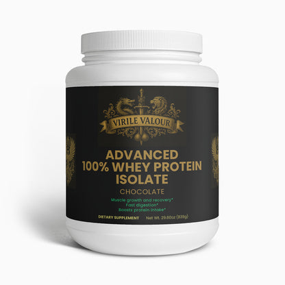 White container of Virile Valour Advanced 100% Whey Protein Isolate on a white background