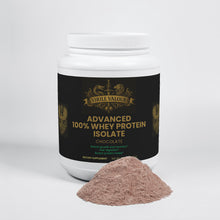 Container of Virile Valor Advanced 100% Whey Protein Isolate with chocolate powder on a white background