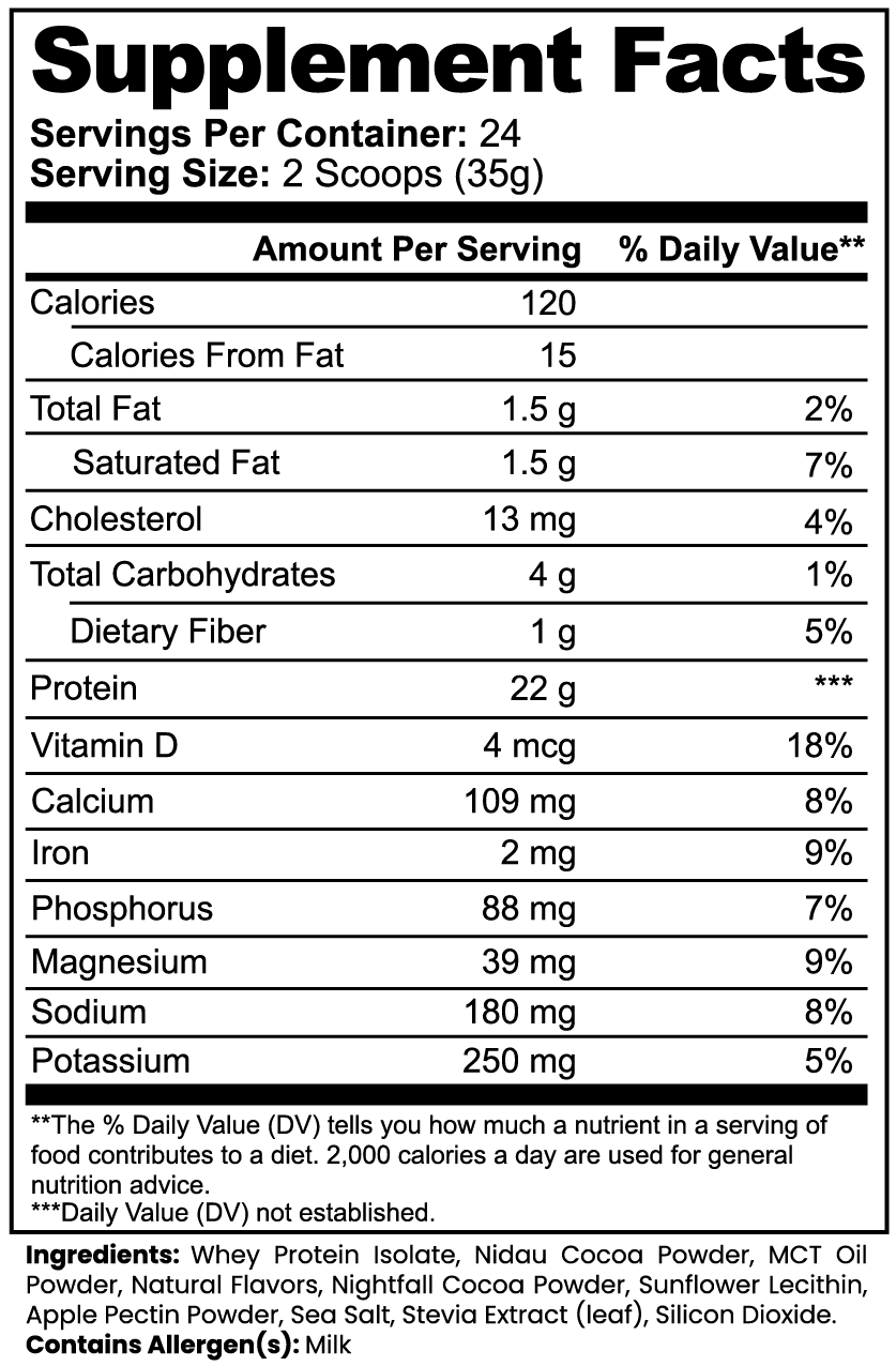 Virile Valour Advanced 100% Whey Protein Isolate (Chocolate) For Men Supplement Facts label for a supplement showing calories, fat content, and various nutrients per serving.