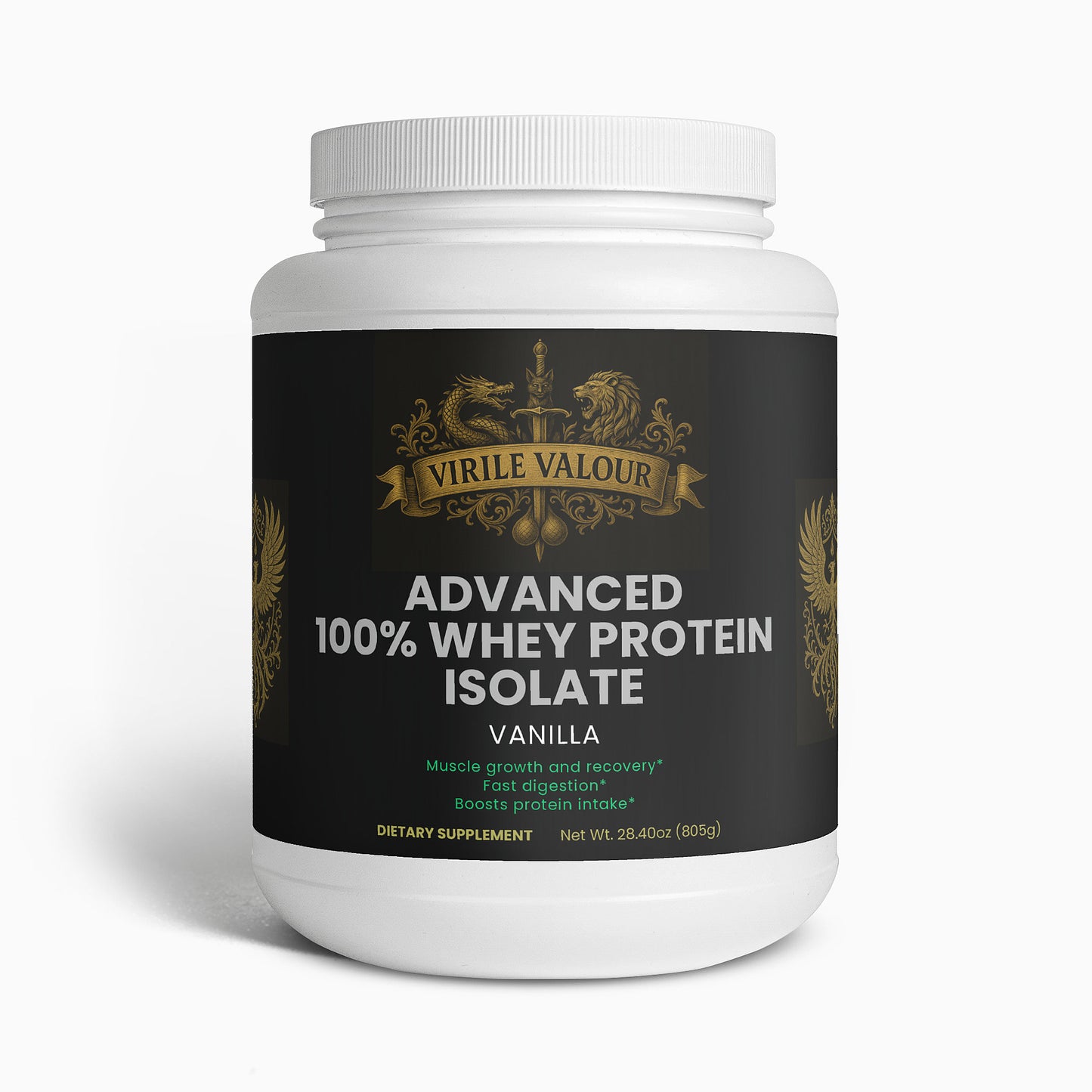 Protein supplement container with 'Virile Valour' branding on a white background