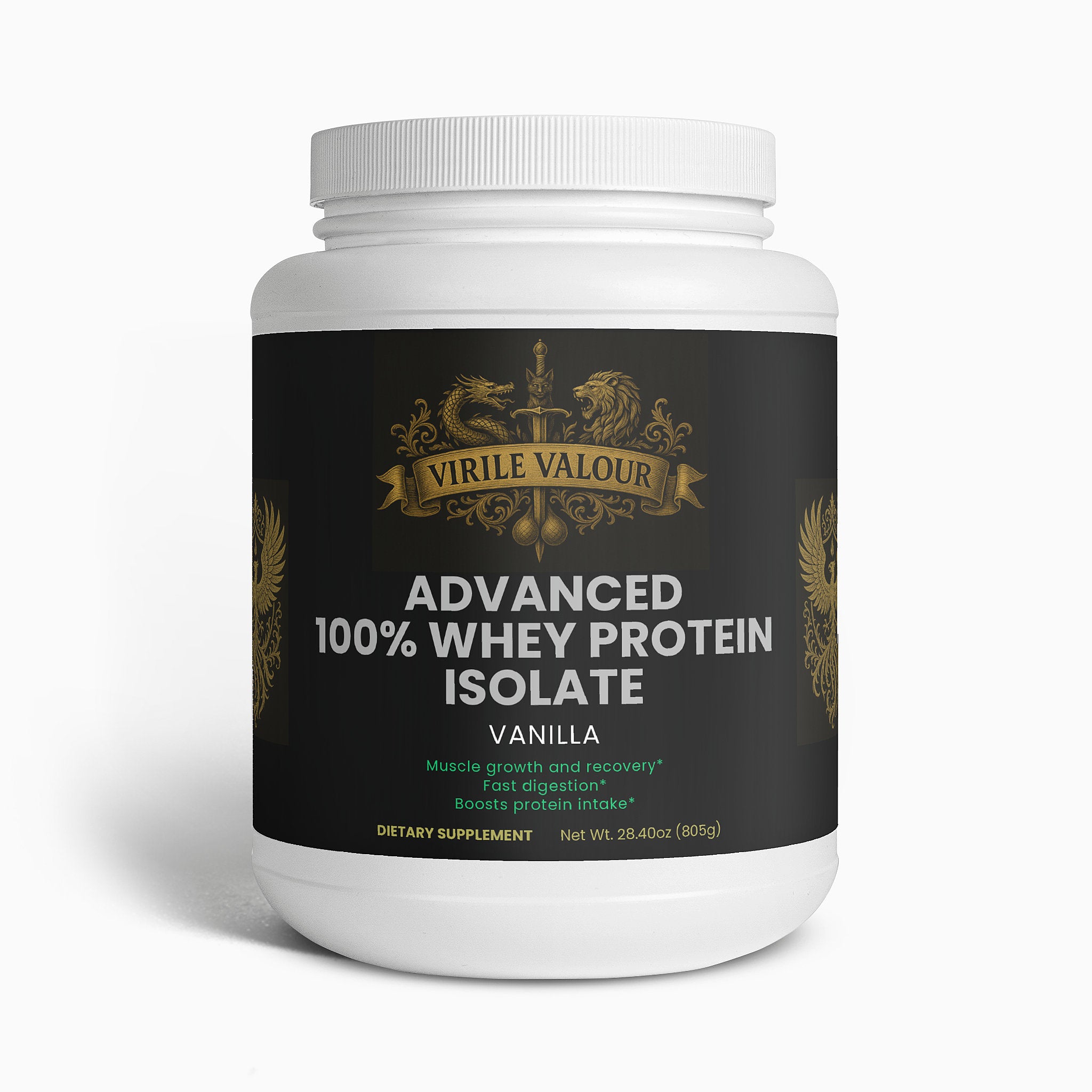 Protein supplement container with 'Virile Valour' branding on a white background
