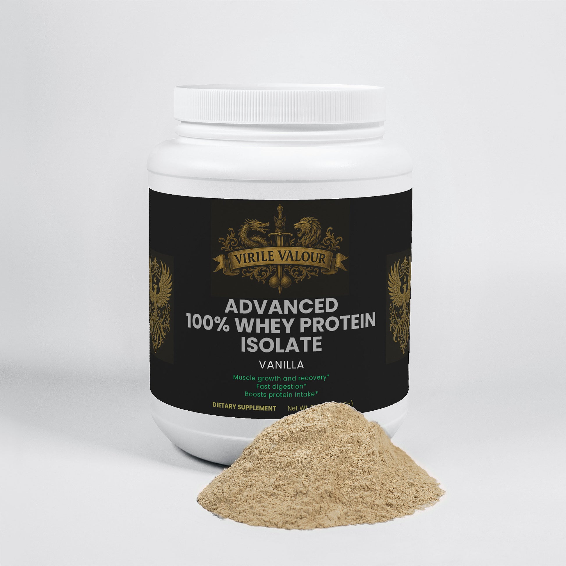 Container of Virile Valor Advanced 100% Whey Protein Isolate with a scoop of powder on a white background