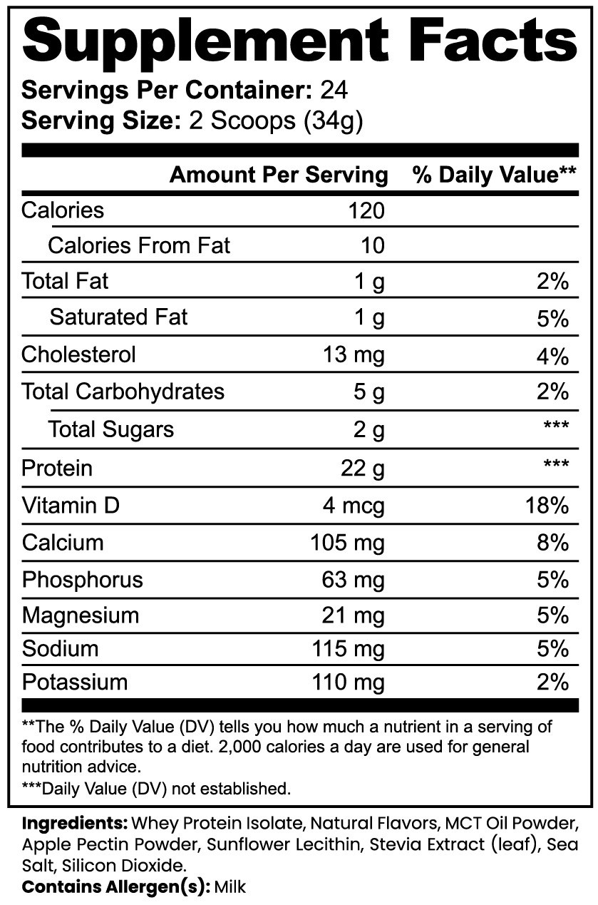 Virile Valour Advanced 100% Whey Protein Isolate (Vanilla) For Men Supplement Facts label with nutritional information on a white background