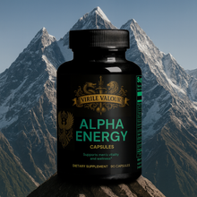 Supplement bottle labeled 'Alpha Energy' with mountainous background
