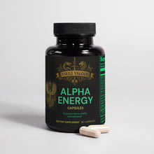 Black supplement bottle labeled 'Alpha Energy' with capsules on a light gray background