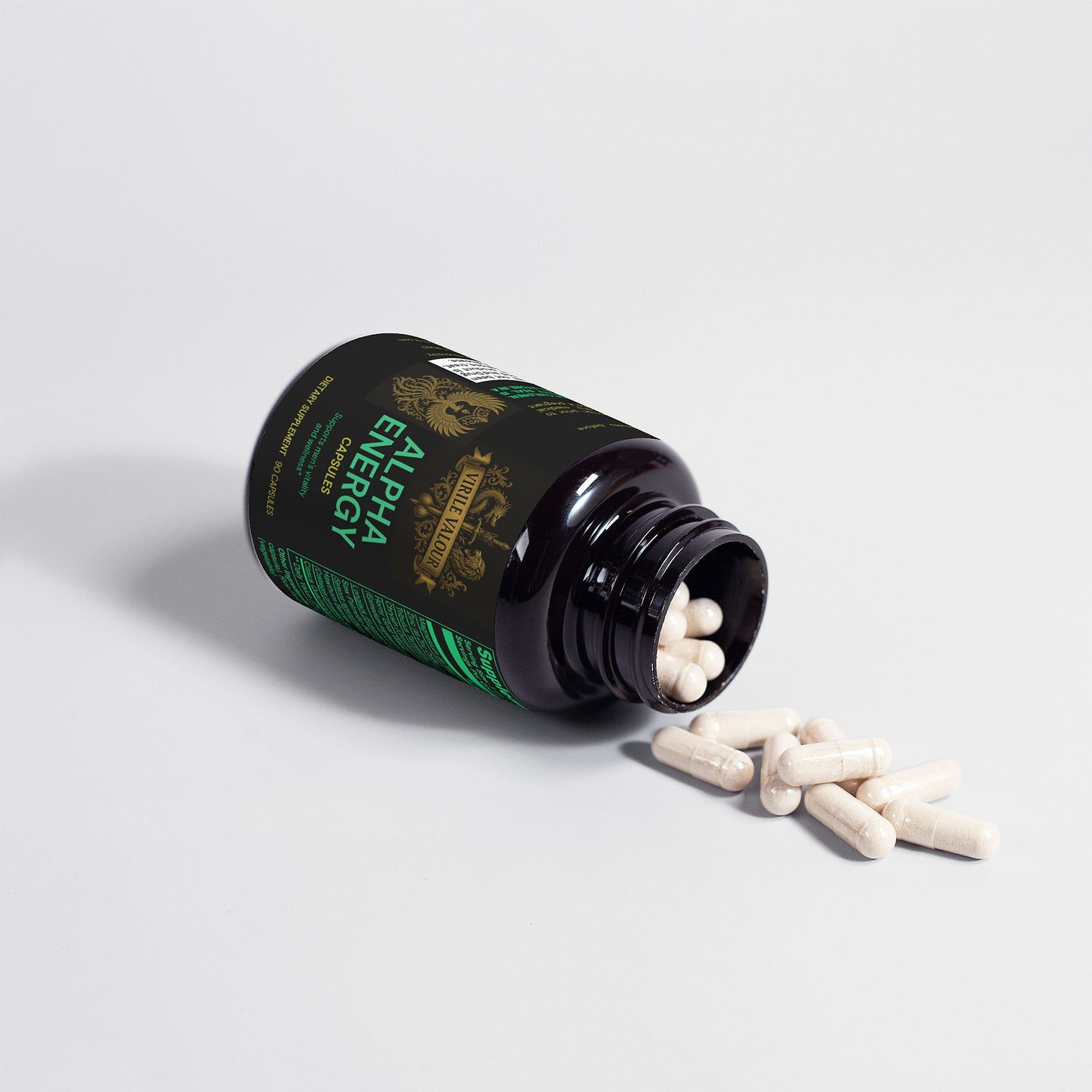 Alpha Energy supplement bottle with pills spilling out on a light gray background