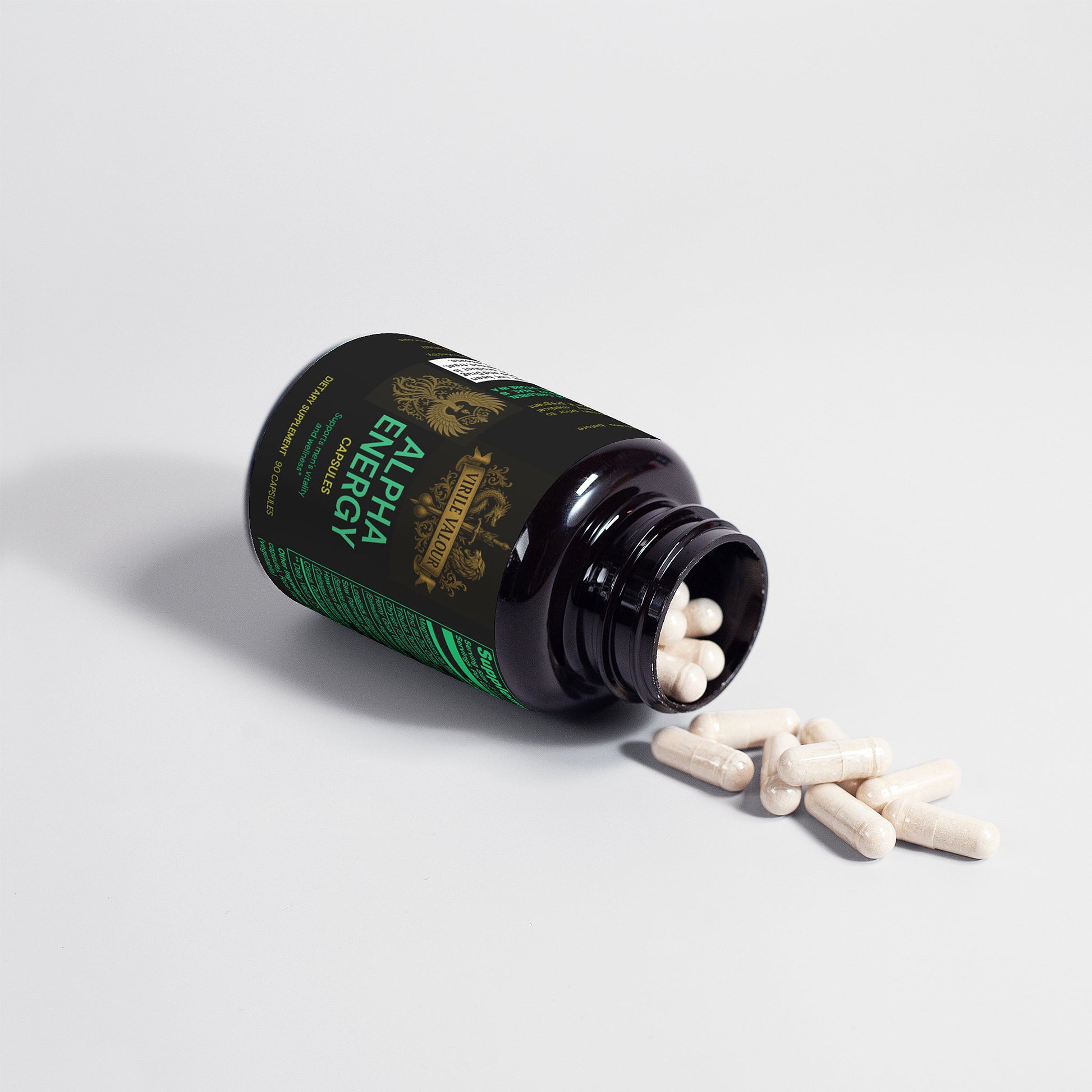 Alpha Energy supplement bottle with pills spilling out on a light gray background
