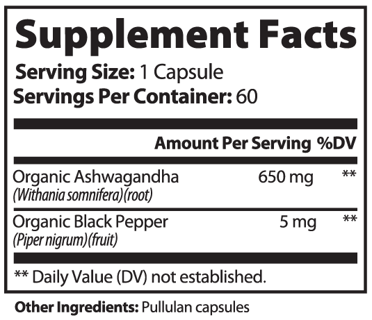 Virile Valour Ashwagandha for Men Supplement facts label for a product containing Organic Ashwagandha and Organic Black Pepper.
