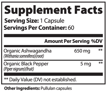 Virile Valour Ashwagandha for Men Supplement facts label for a product containing Organic Ashwagandha and Organic Black Pepper.