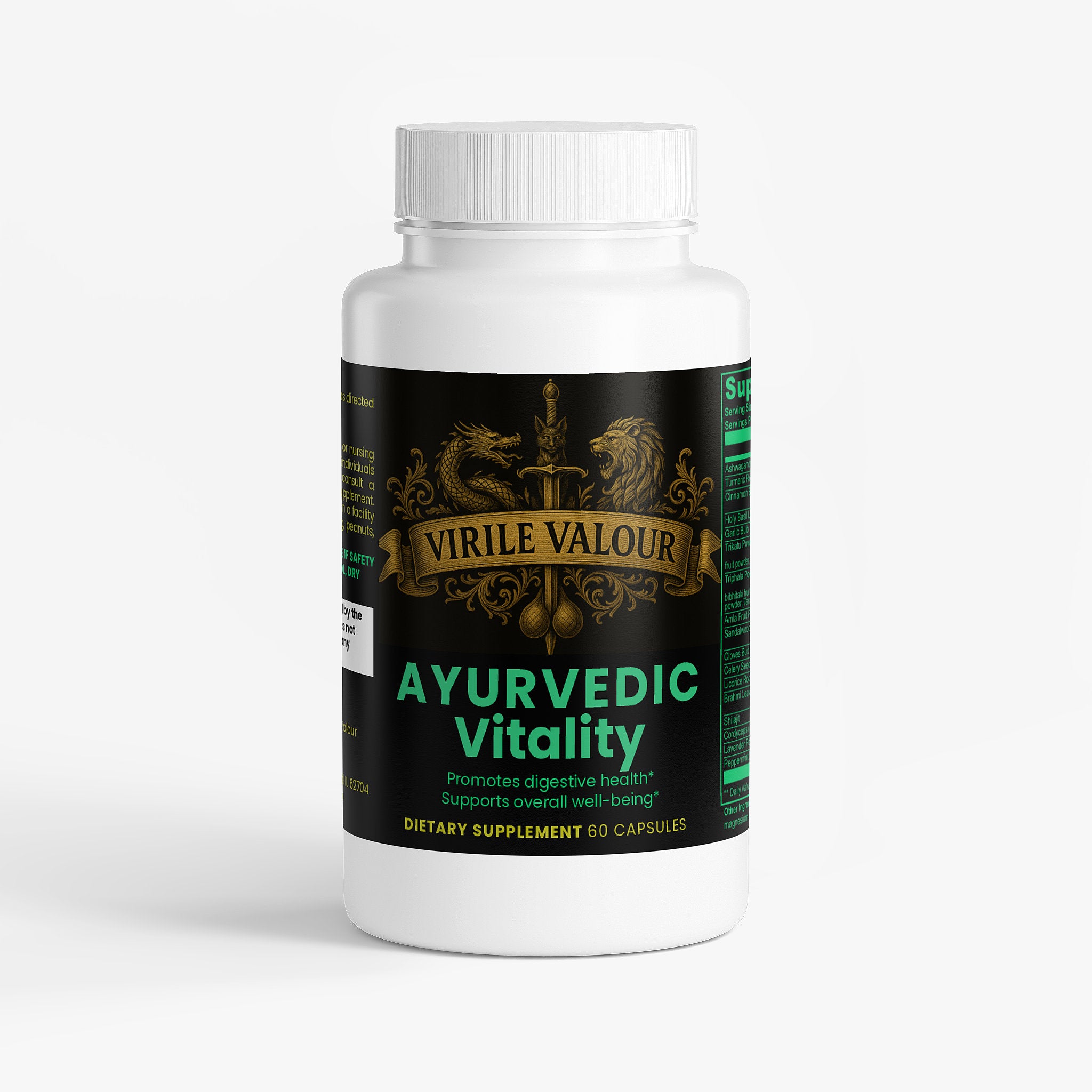 Supplement bottle labeled 'Virile Valour Ayurvedic Vitality' on a white background