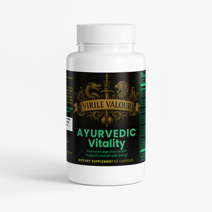Supplement bottle labeled 'Virile Valour Ayurvedic Vitality' on a white background