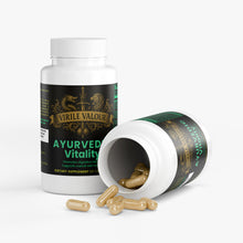Supplement bottle labeled 'Virile Valour Ayurvedic Vitality' with open cap showing capsules on a white background.