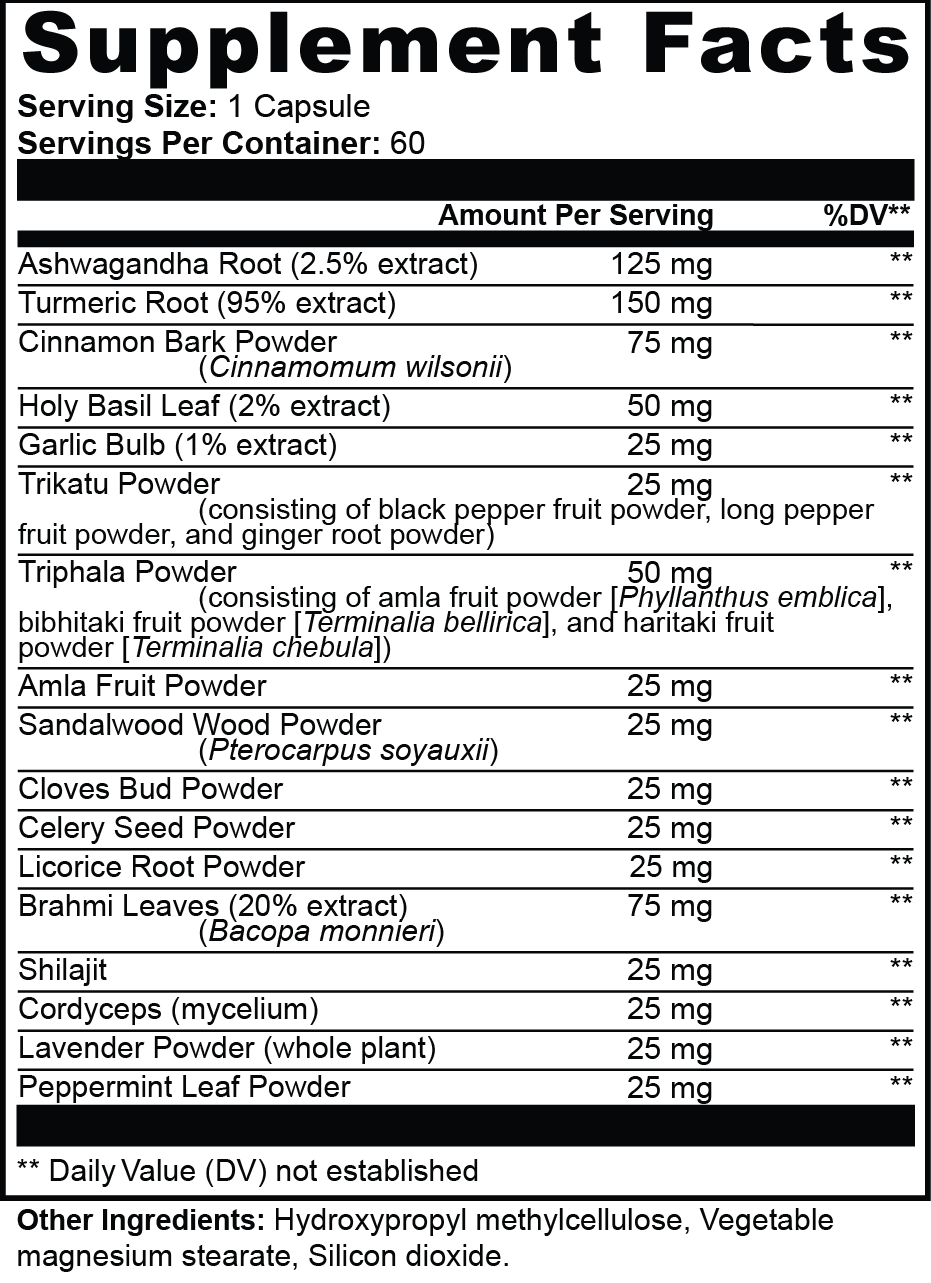Virile Valour Ayurvedic Vitality For Men supplement facts label with various herbal ingredients and their amounts per serving.