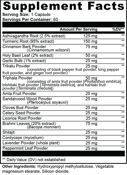 Virile Valour Ayurvedic Vitality For Men supplement facts label with various herbal ingredients and their amounts per serving.