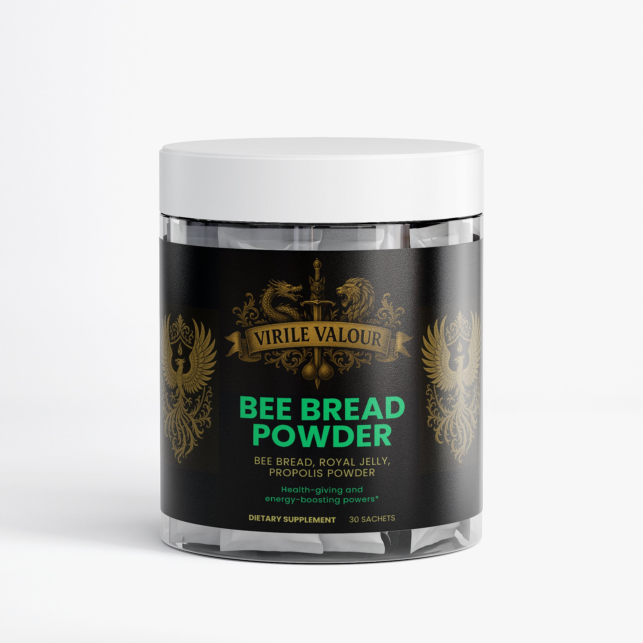 Jar of Virile Valour Bee Bread Powder on a white background