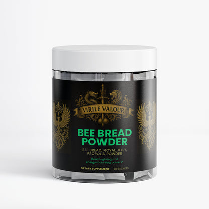 Jar of Virile Valour Bee Bread Powder on a white background