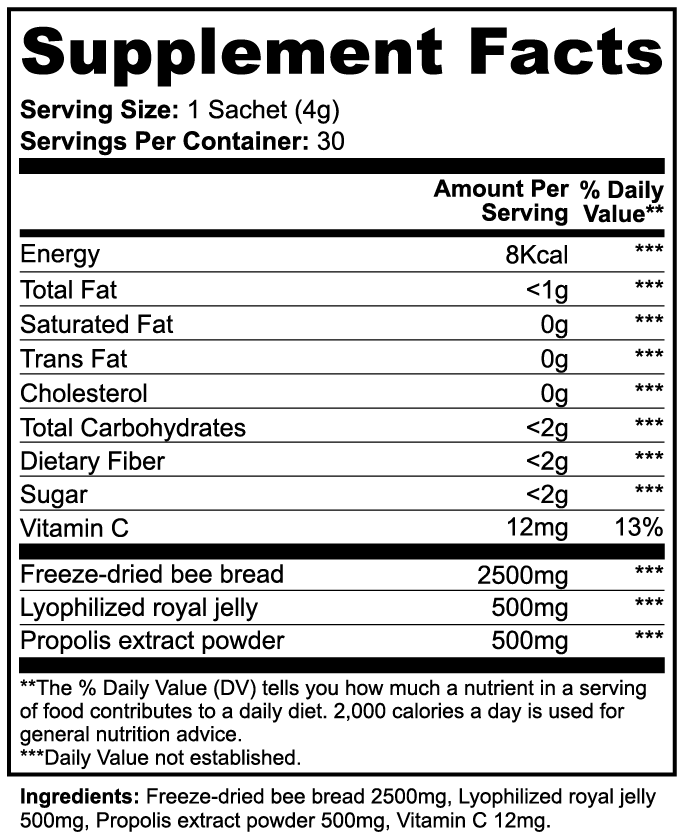 Virile Valour Bee Bread Powder For Men Supplement facts label with nutritional information and ingredients on a white background