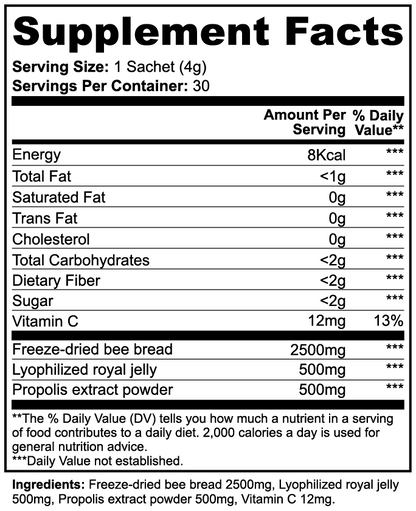 Virile Valour Bee Bread Powder For Men Supplement facts label with nutritional information and ingredients on a white background
