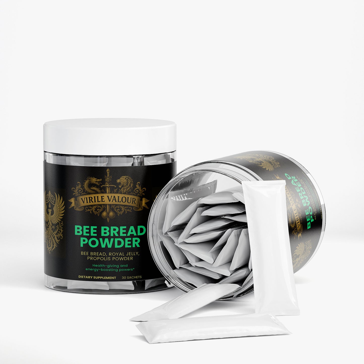 Bee bread powder container with packaging on a white background