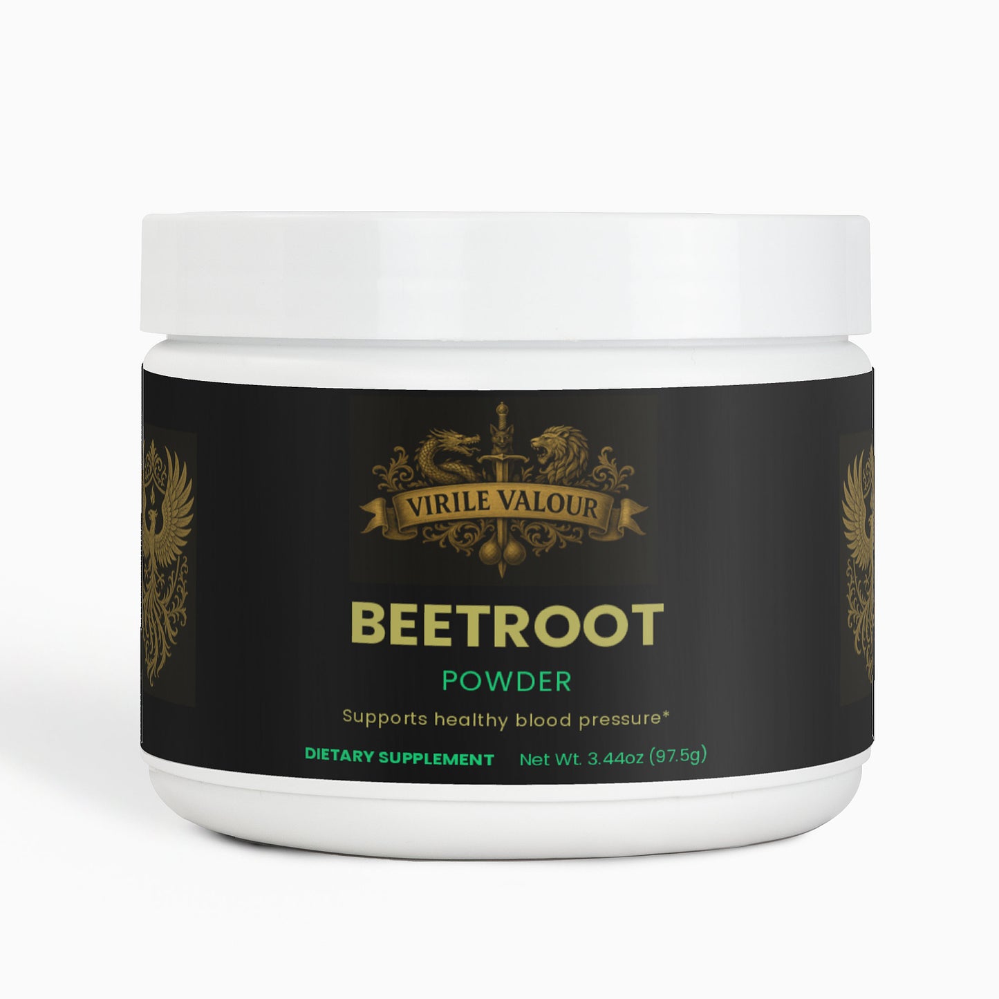 Jar of Virile Valour Beetroot Powder on a white background