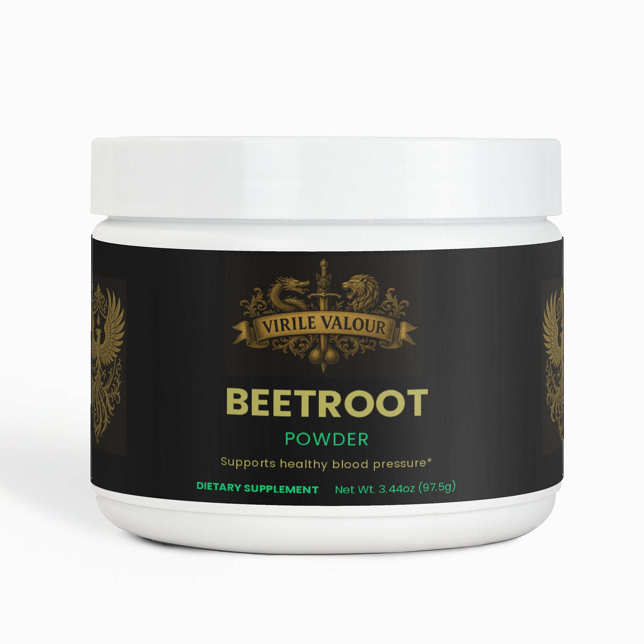 Jar of Virile Valour Beetroot Powder on a white background