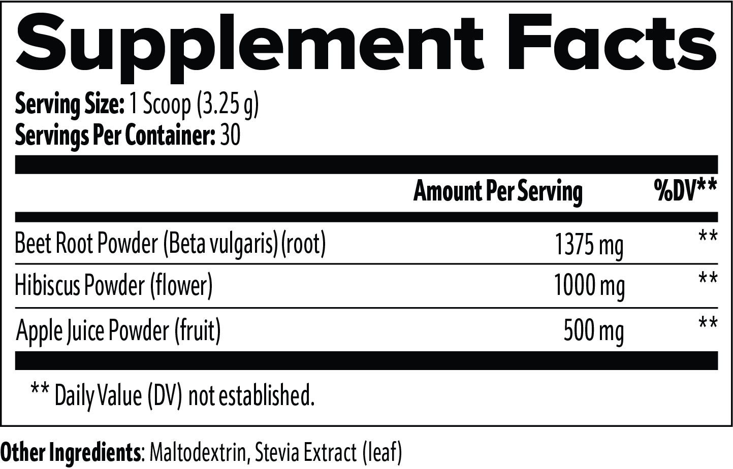 Virile Valour Beetroot Powder For Men Supplement Facts label with ingredients and their amounts per serving