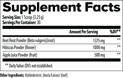Virile Valour Beetroot Powder For Men Supplement Facts label with ingredients and their amounts per serving
