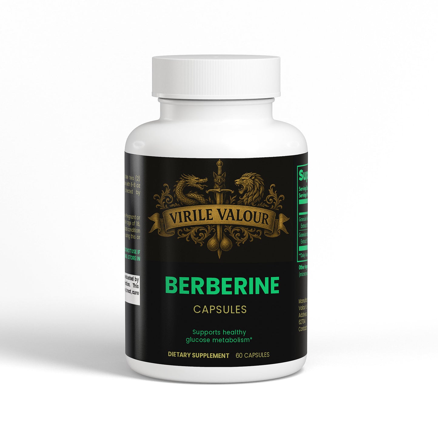 Supplement bottle labeled 'Virile Valour Berberine Capsules' on a white background