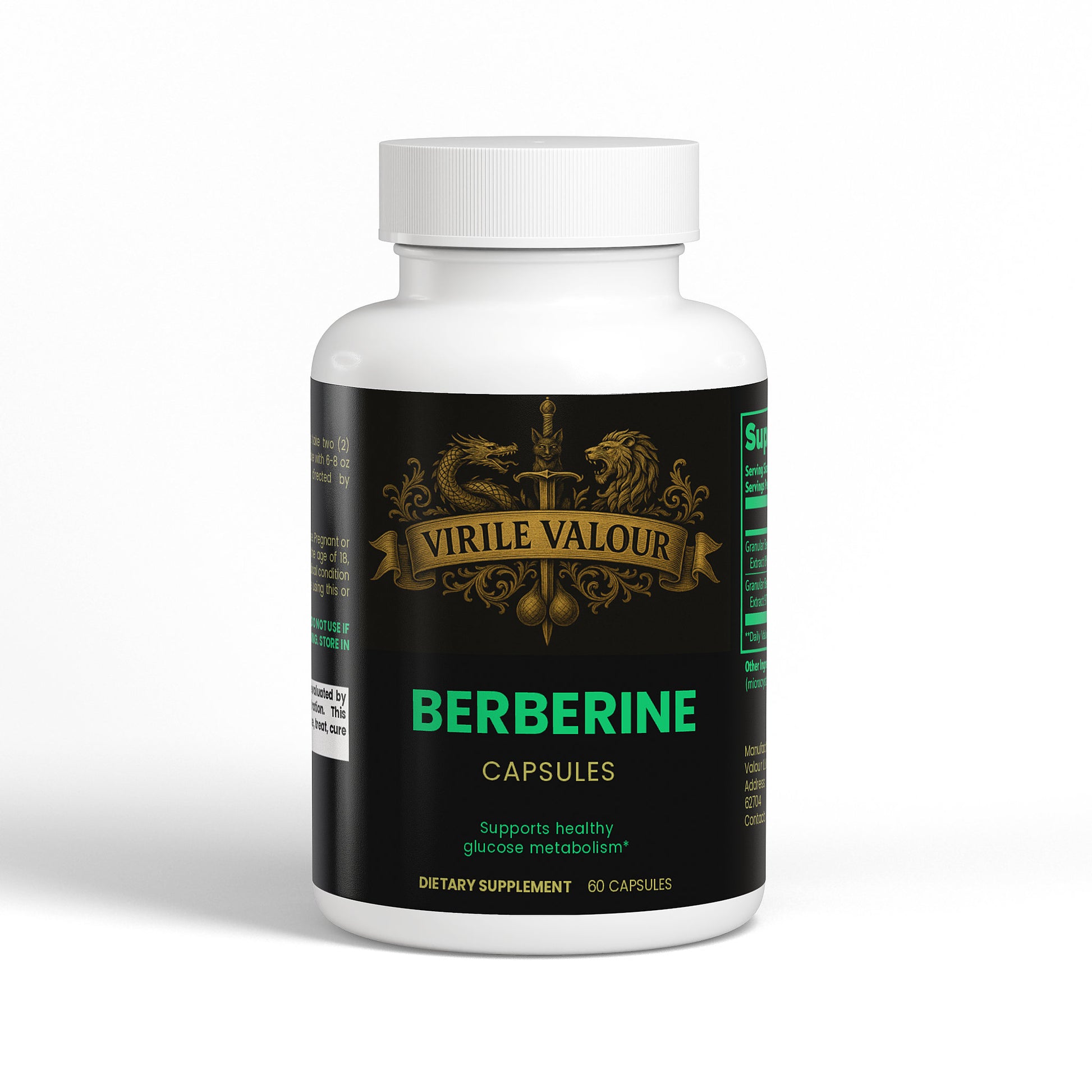Supplement bottle labeled 'Virile Valour Berberine Capsules' on a white background