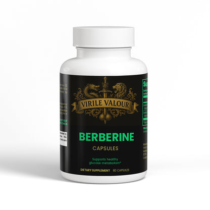Supplement bottle labeled 'Virile Valour Berberine Capsules' on a white background