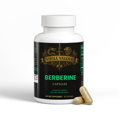Supplement bottle labeled 'Virile Valour Berberine Capsules' with capsules on a white background