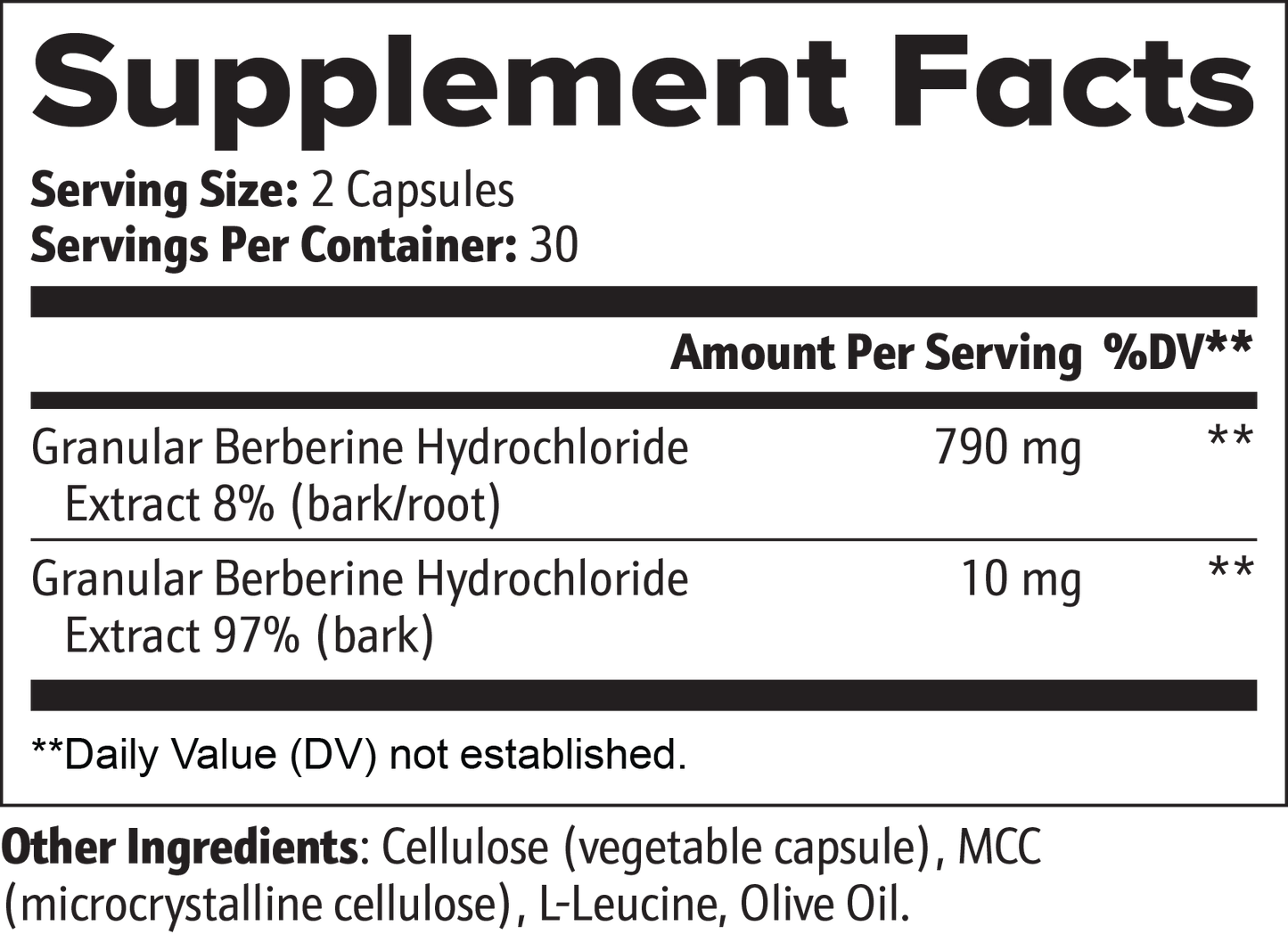 Virile Valour Berberine For Men Supplement Facts label for a product containing Berberine Hydrochloride with serving size and container details.