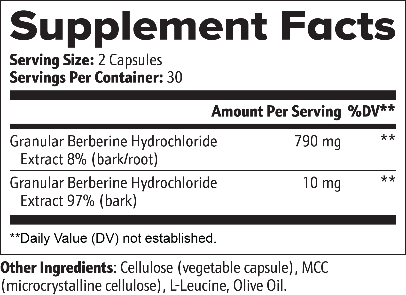 Virile Valour Berberine For Men Supplement Facts label for a product containing Berberine Hydrochloride with serving size and container details.