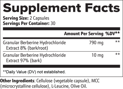 Virile Valour Berberine For Men Supplement Facts label for a product containing Berberine Hydrochloride with serving size and container details.