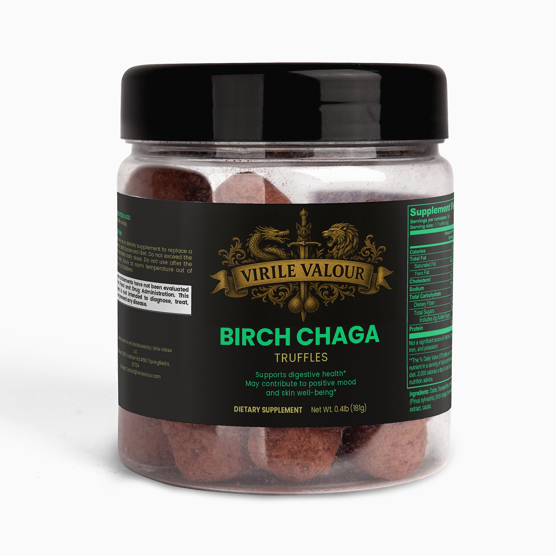 Jar of Virile Valour Birch Chaga Truffles on a white background