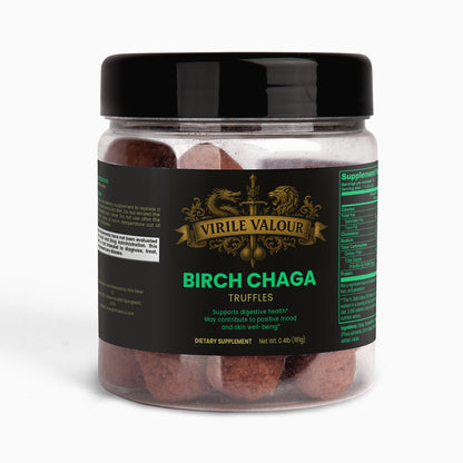 Jar of Virile Valour Birch Chaga Truffles on a white background